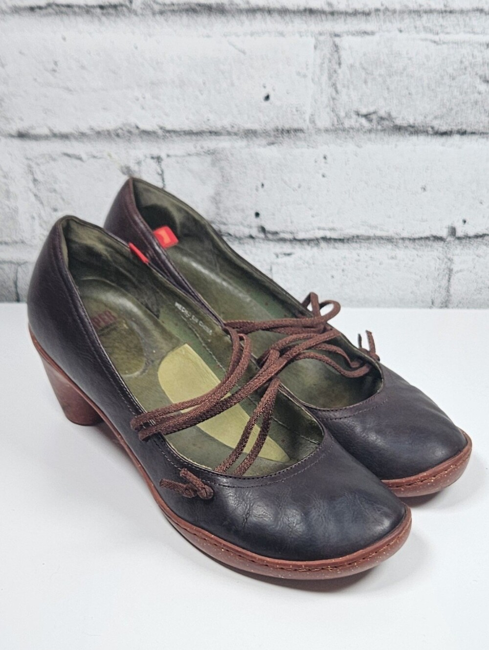 Camper Womens Size 8 Brown Leather Mary Jane Heels Lace Up Comfort Shoes